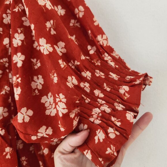 Madewell Puff Sleeve Floral Blouse Popover Top Happy Hibiscus Coral Shirt S - Picture 6 of 11